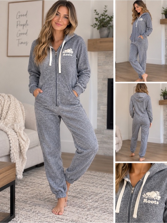 Roots Pants - Roots Canada Grey Hooded Onesie Jumpsuit XS Full Zip Beaver Logo
